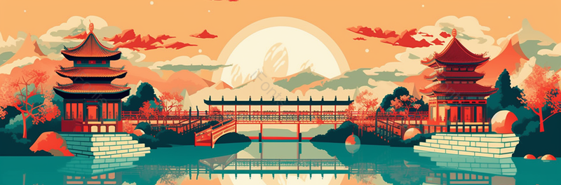 红色渐变大气国潮风插画故宫建筑倒映水面远处太阳祥云背景,插画/手绘图,插画/手绘图库,插画/手绘图下载,插画/手绘